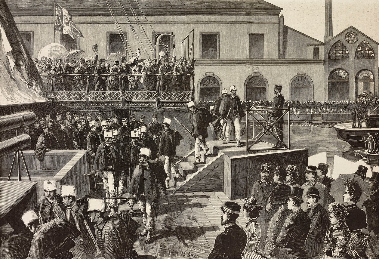 Soldados italianos abordando el barco Washington, Nápoles, Italia, tercera expedición italiana en el Mar Rojo, grabado del dibujo de Quinto Cenni y boceto de M Del Don, de L