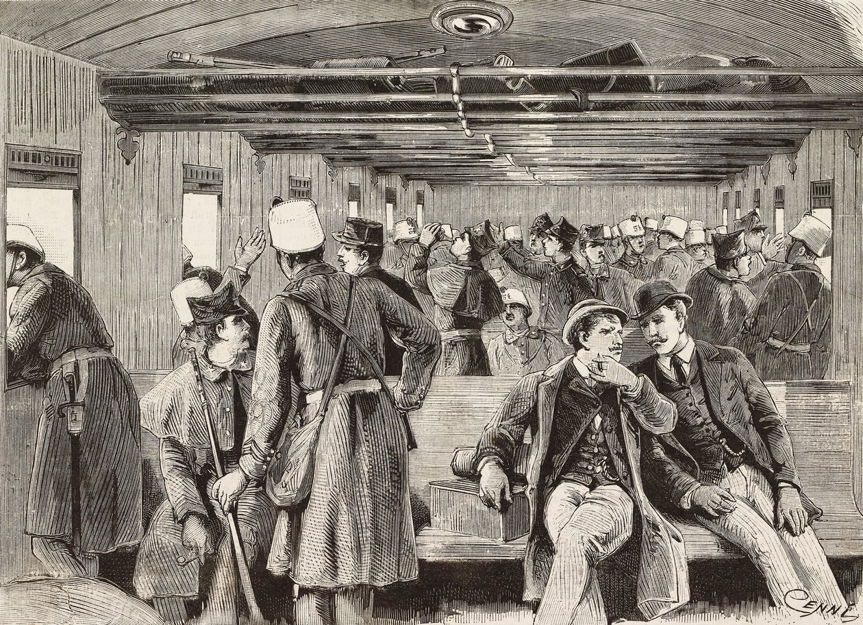 Soldados italianos en tren con destino a Nápoles, Italia, segunda expedición italiana en el Mar Rojo, grabado de un dibujo de Quinto Cenni y un boceto de M Dal Don, de L