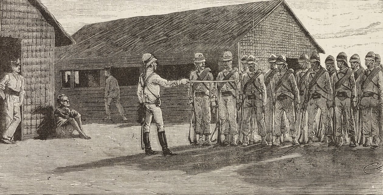 Soldados italianos en formación, Massawa, Eritrea, grabado de un dibujo de Quinto Cenni y un boceto de Pieragostini, de L