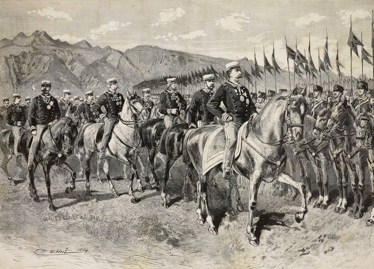 El Rey Umberto I inspeccionando a los lanceros de Florencia, con el General Martin di Montu detrás de él, 28 de septiembre, ejercicios de caballería en Pordenone, Italia, grabado de un dibujo de Quinto Cenni, de L