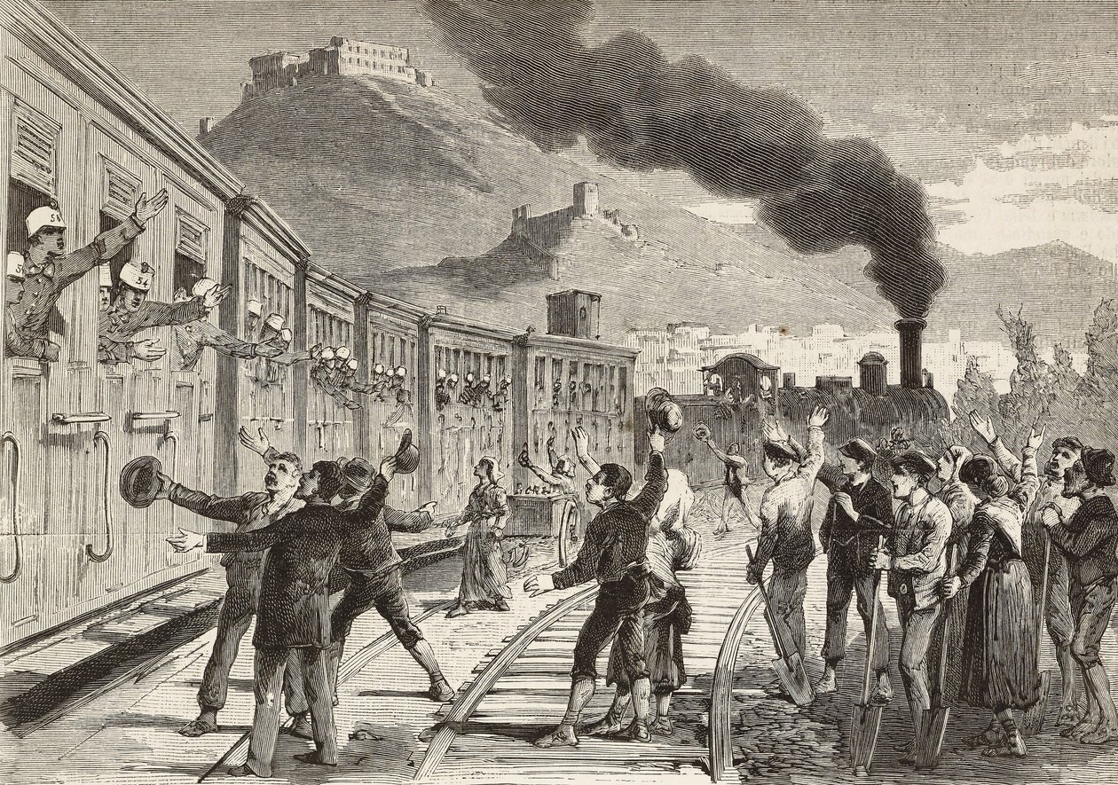 Hombres y mujeres despidiéndose de los soldados italianos que parten de la estación de tren de Cassino, Italia, grabado del dibujo de Quinto Cenni y boceto de M Dal Don, de L
