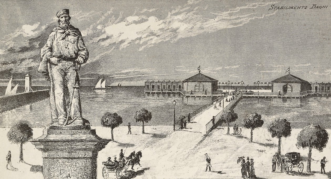 Monumento en memoria de Giuseppe Garibaldi (1807-1882), político y patriota italiano, y establecimiento de baños en el fondo, Cesenatico, Italia de Quinto Cenni