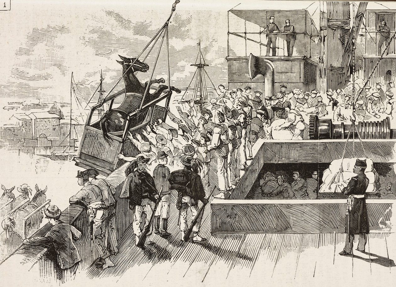 Mula siendo izada al barco Príncipe Amedeo, expedición italiana en el Mar Rojo, Italia, grabado de un dibujo de Quinto Cenni y un boceto de M Dal Don, de L
