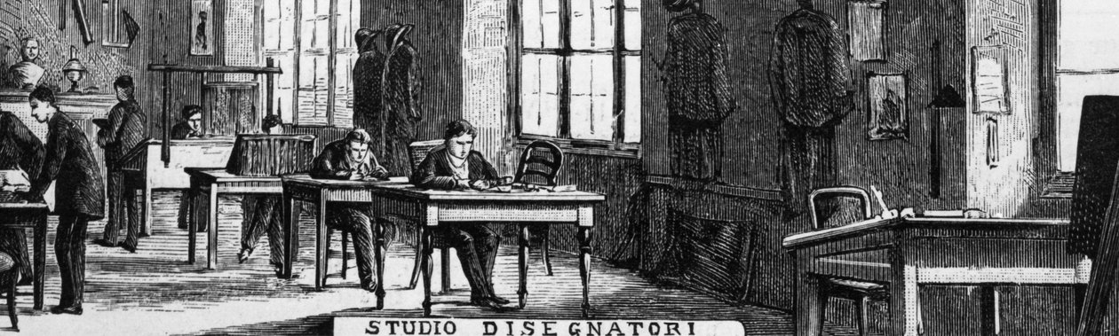 Oficinas de los hermanos Treves, departamento de diseñadores, Milán, Italia, ilustración de Quinto Cenni (1845-1917) de L