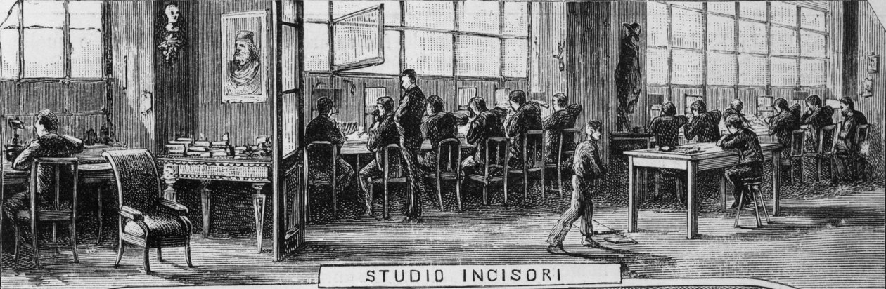 Oficinas de los hermanos Treves, departamento de grabadores, Milán, Italia, ilustración de Quinto Cenni (1845-1917) de L