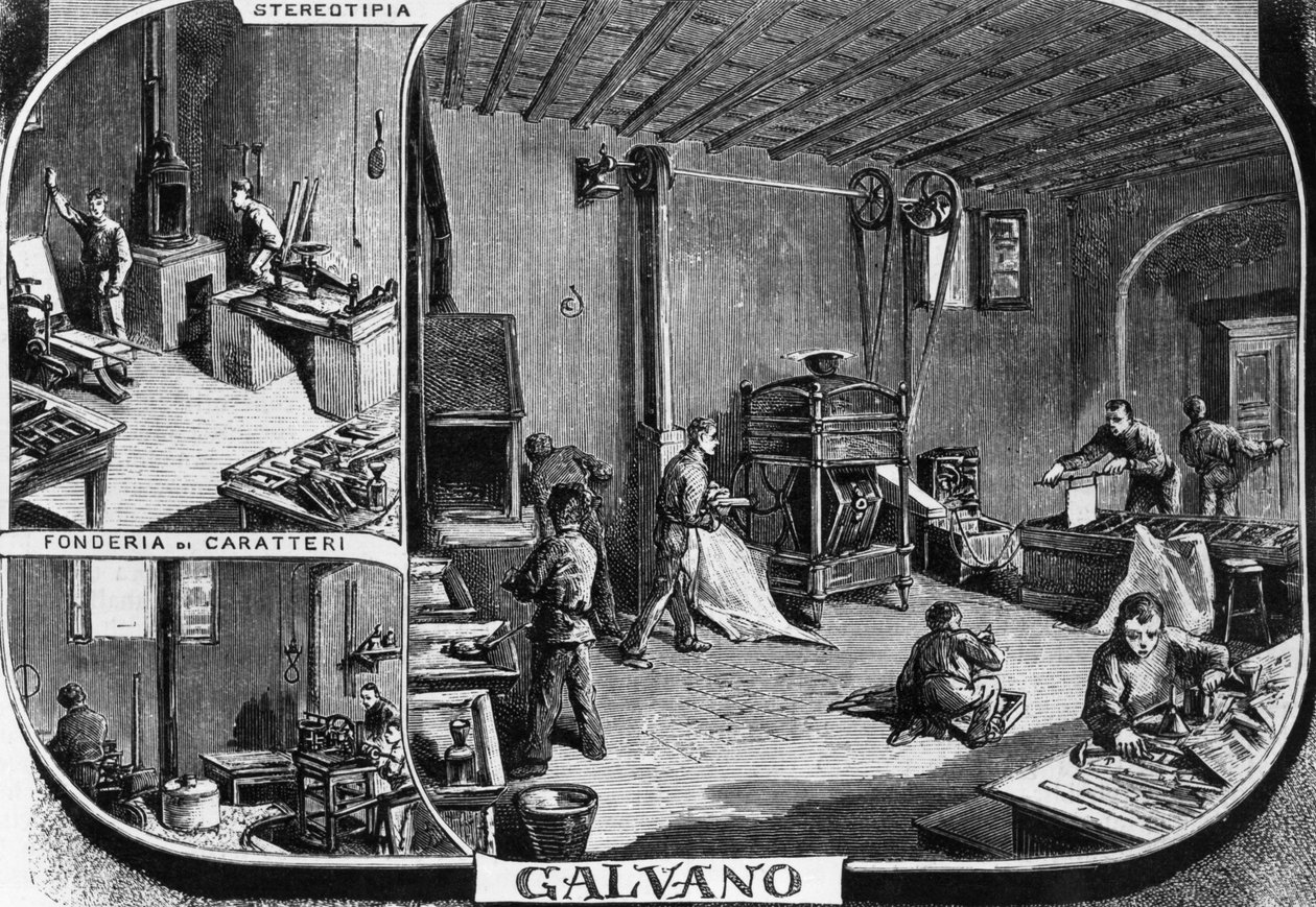 Oficinas de los hermanos Treves, departamento de fundición de fuentes y estereotipos, Milán, Italia, ilustración de Quinto Cenni (1845-1917) de L