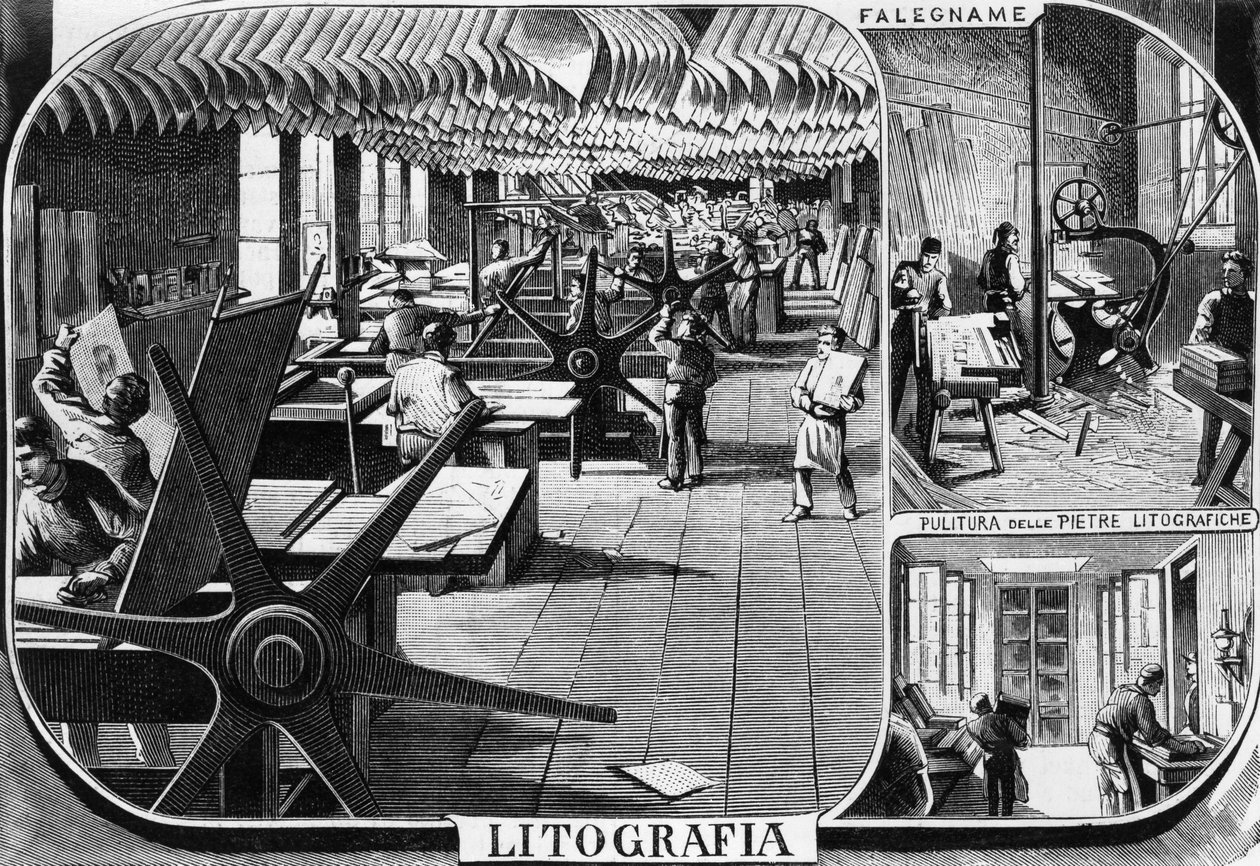 Oficinas de los hermanos Treves, departamento de litografía, Milán, Italia, ilustración de Quinto Cenni (1845-1917) de L