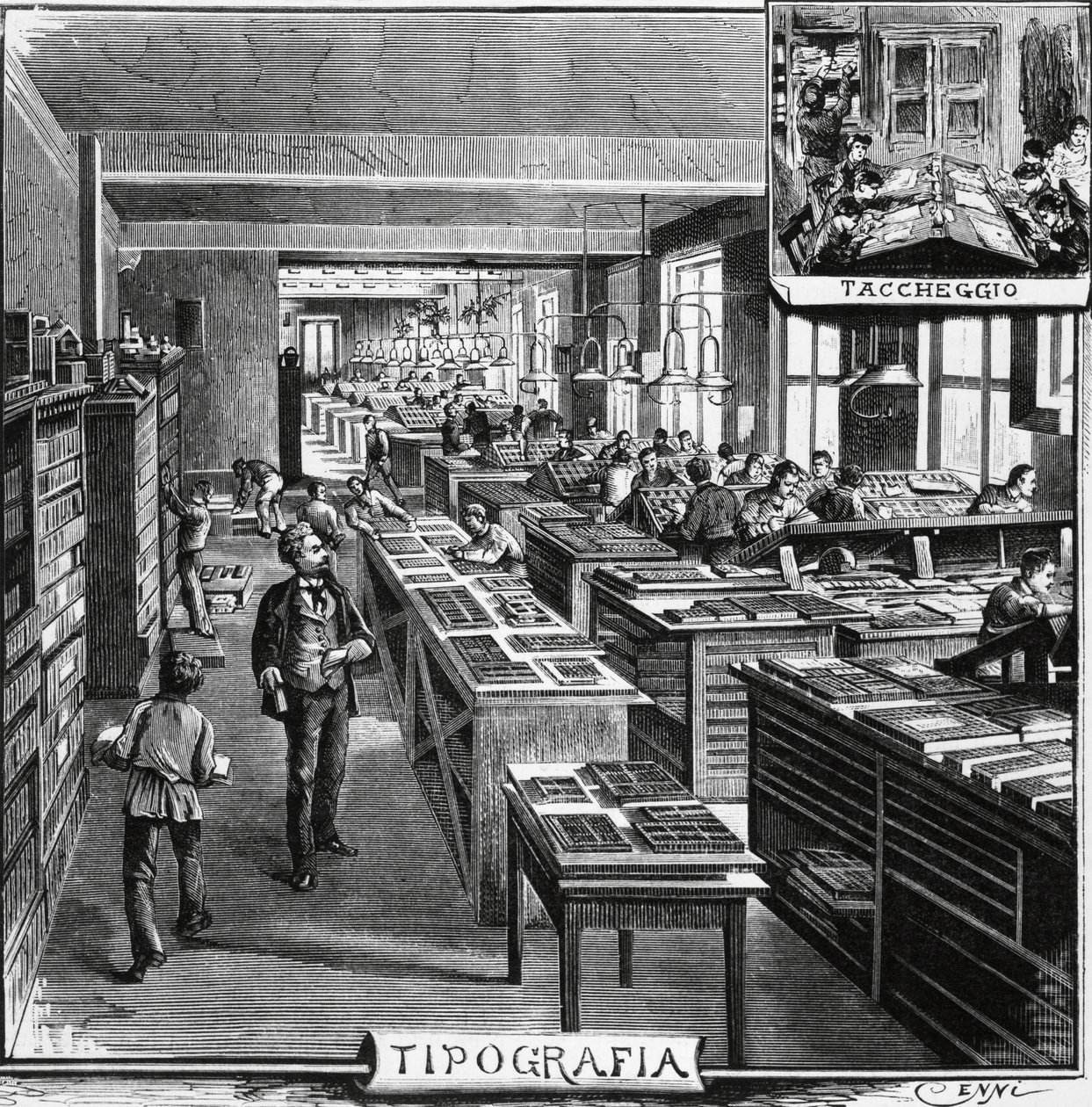 Oficinas de los hermanos Treves, tipografía y superposición, Milán, Italia, ilustración de Quinto Cenni de L