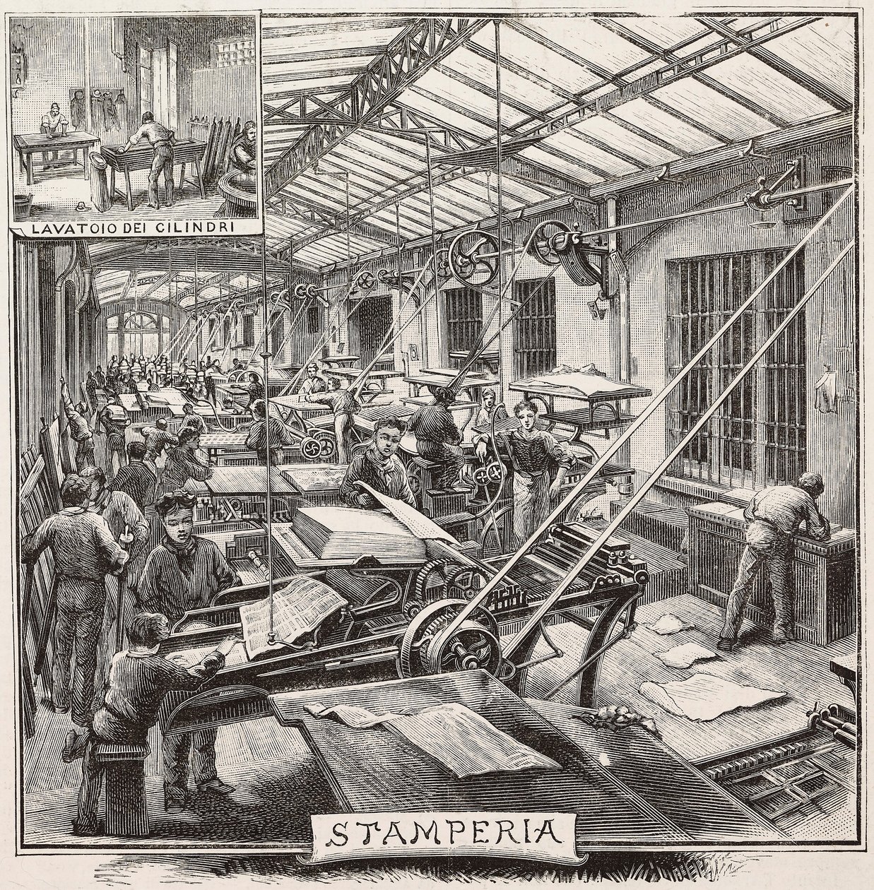Imprenta en la editorial Fratelli Treves, Milán, Italia, grabado de un dibujo de Quinto Cenni, de L