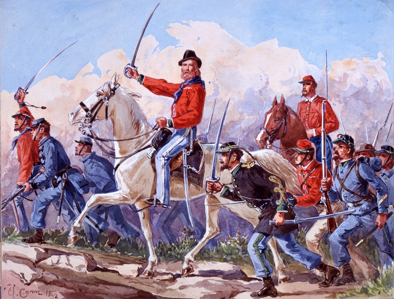 Risorgimento: las tropas de Giuseppe Garibaldi (1807-1882) marchando hacia Roma. Acuarela de Quinto Cenni 1892. de Quinto Cenni