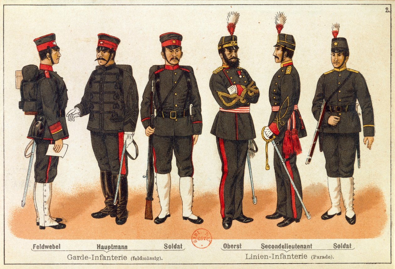 Guerra Sino-Japonesa - Uniformes del ejército japonés, grabado, Leipzig de Quinto Cenni