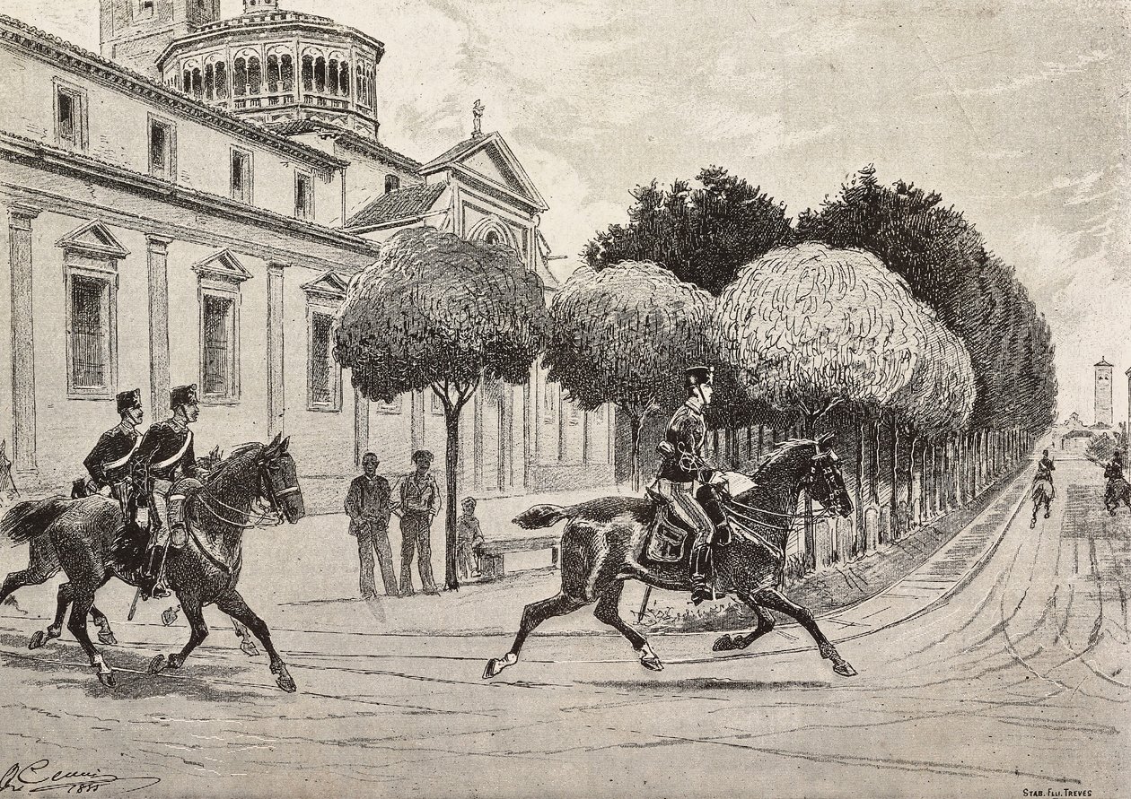 Soldados a caballo pasando frente al Santuario Beata Vergine dei Miracoli, Saronno, Italia, grabado de un dibujo de Quinto Cenni, de L