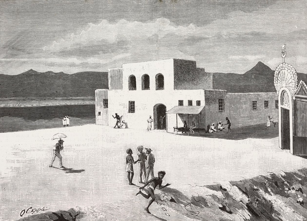 Edificio de la Oficina de Correos Italiana, Massawa, Eritrea, grabado de un dibujo de Quinto Cenni y un boceto de Pieragostini, de L