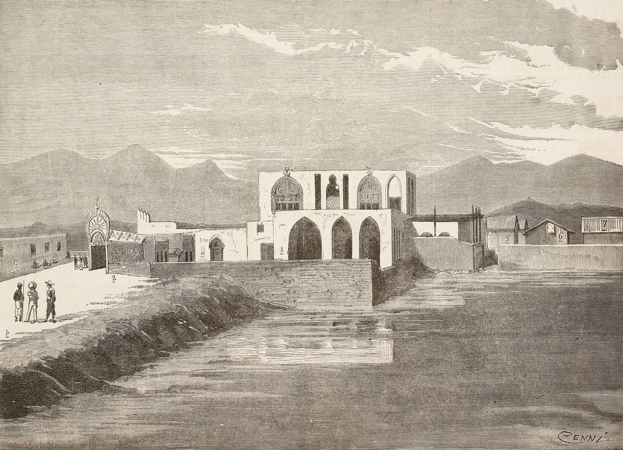 Palacio del Vicegobernador italiano, Massawa, Eritrea, grabado de un dibujo de Quinto Cenni y un boceto de Pieragostini, de L