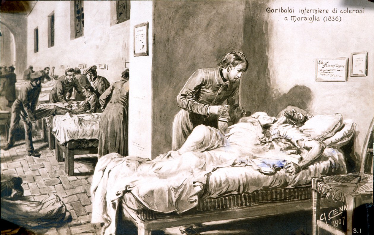 El patriota italiano Giuseppe Garibaldi (1807-1882) enfermero, bajo el nombre de Pan-Borel (Pane Borel), a los pacientes de cólera en Marsella en 1836. Tarjeta postal del siglo XIX, colección privada de Quinto Cenni