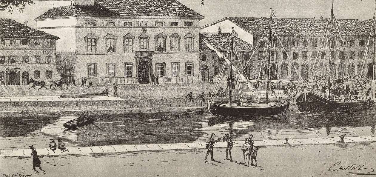 El ayuntamiento y el canal del puerto, Cesenatico, Italia, grabado de un dibujo de Quinto Cenni y un boceto de Ulisse Topi, de L