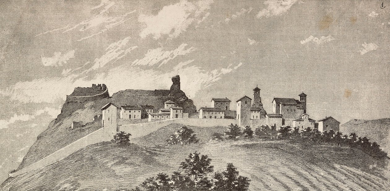 La ciudad de San Giovanni en Galilea, Italia, grabado de un dibujo de Quinto Cenni y un boceto de Ulisse Topi, de L