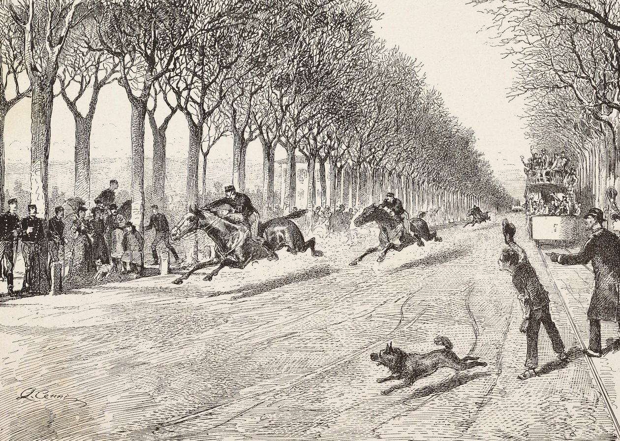Tres oficiales de resistencia participando en una carrera de caballos, Tercer regimiento de Saboya, entre Milán y Monza, Italia, grabado de un dibujo de Quinto Cena, de L