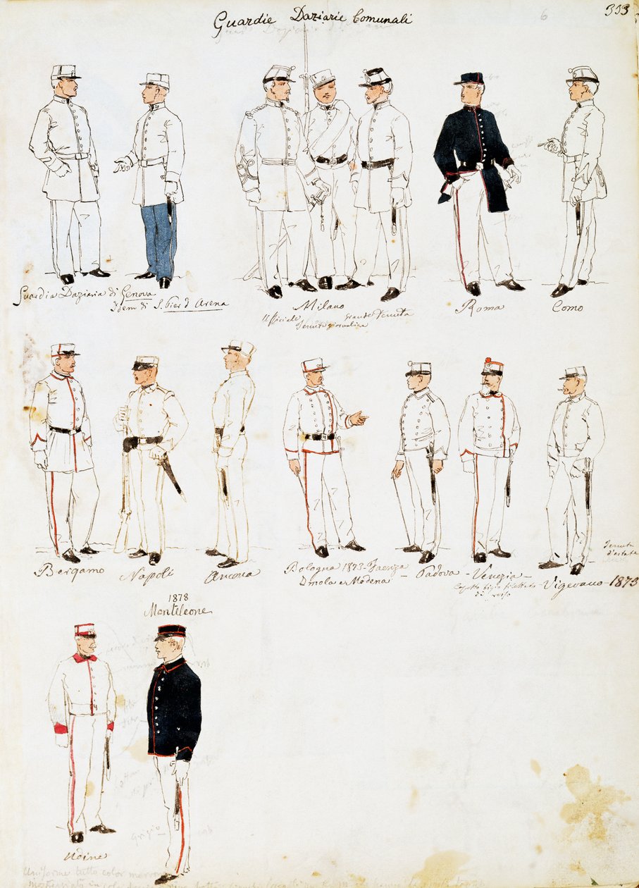 Uniformes de los guardias de aduanas del Reino de Italia entre 1873-1878, lámina del Códice Cenni, colección de bocetos militares en acuarela de Quinto Cenni