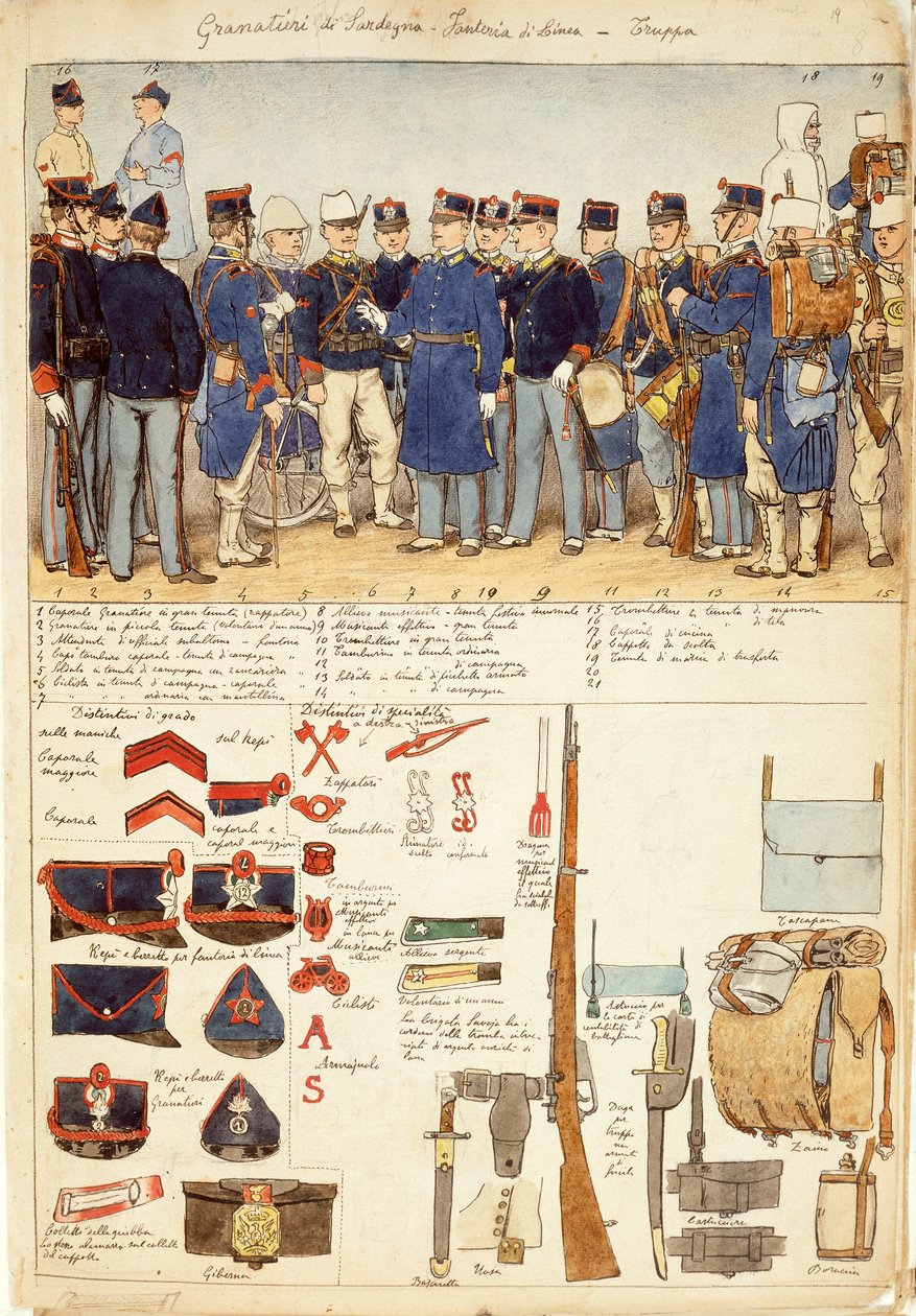 Uniformes de Granaderos de Cerdeña, infantería de línea, tropa del Reino de Italia, lámina en color por Quinto Cenni de Quinto Cenni
