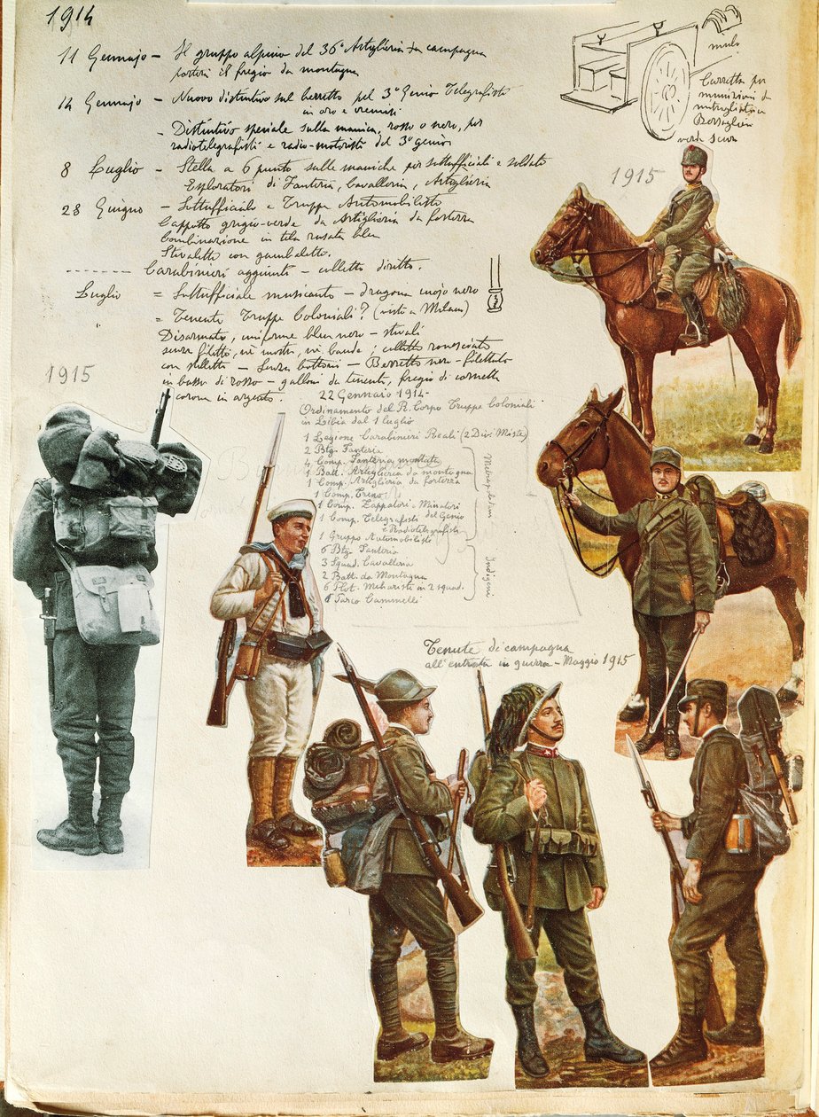 Uniformes del ejército italiano durante la Primera Guerra Mundial, por Quinto Cenni, placa en color de Quinto Cenni