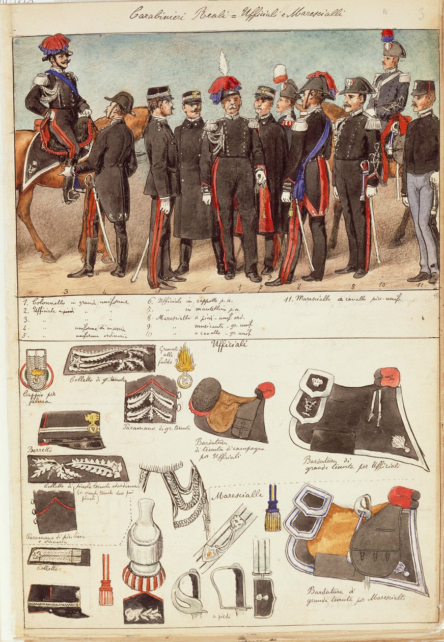 Uniformes de Carabinieri Reales, oficiales y suboficiales del Reino de Italia, lámina en color de Quinto Cenni de Quinto Cenni