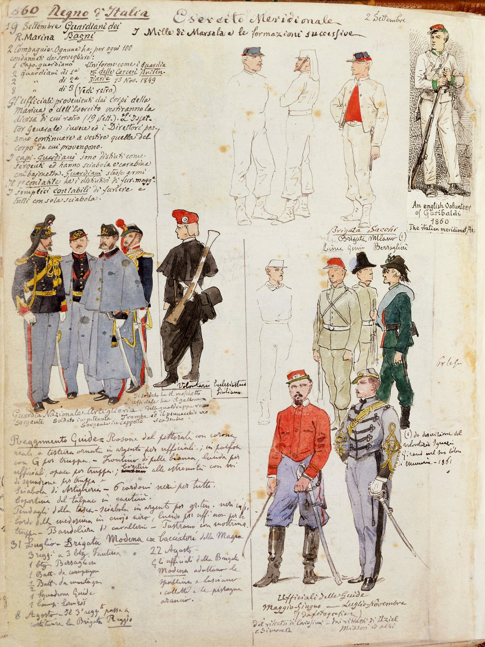 Uniformes del ejército del sur de Italia del gobierno provisional por Quinto Cenni, lámina en color de Quinto Cenni