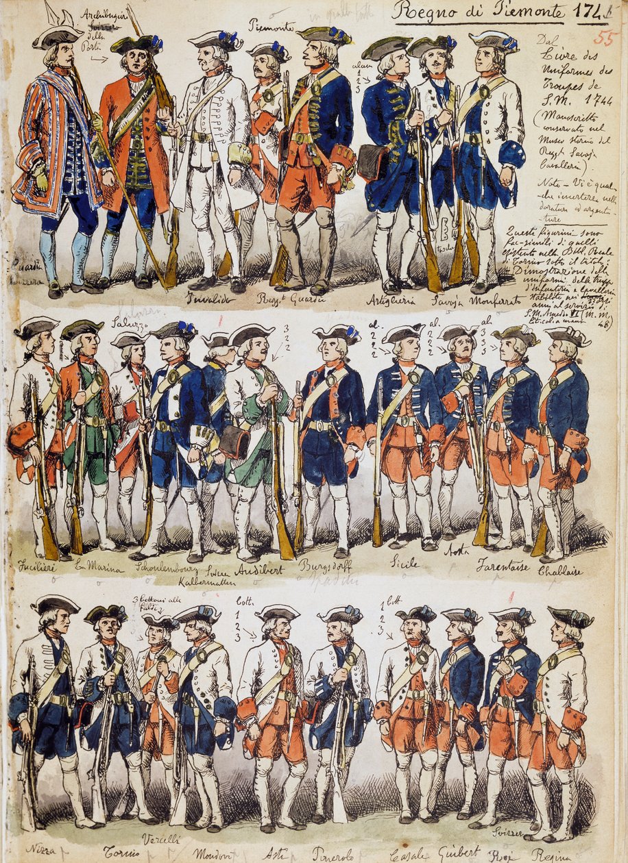 Uniformes de las tropas del Reino de Piamonte en 1744, lámina tomada del Códice Cenni, colección de bocetos militares dibujados por Quinto Cenni de Quinto Cenni