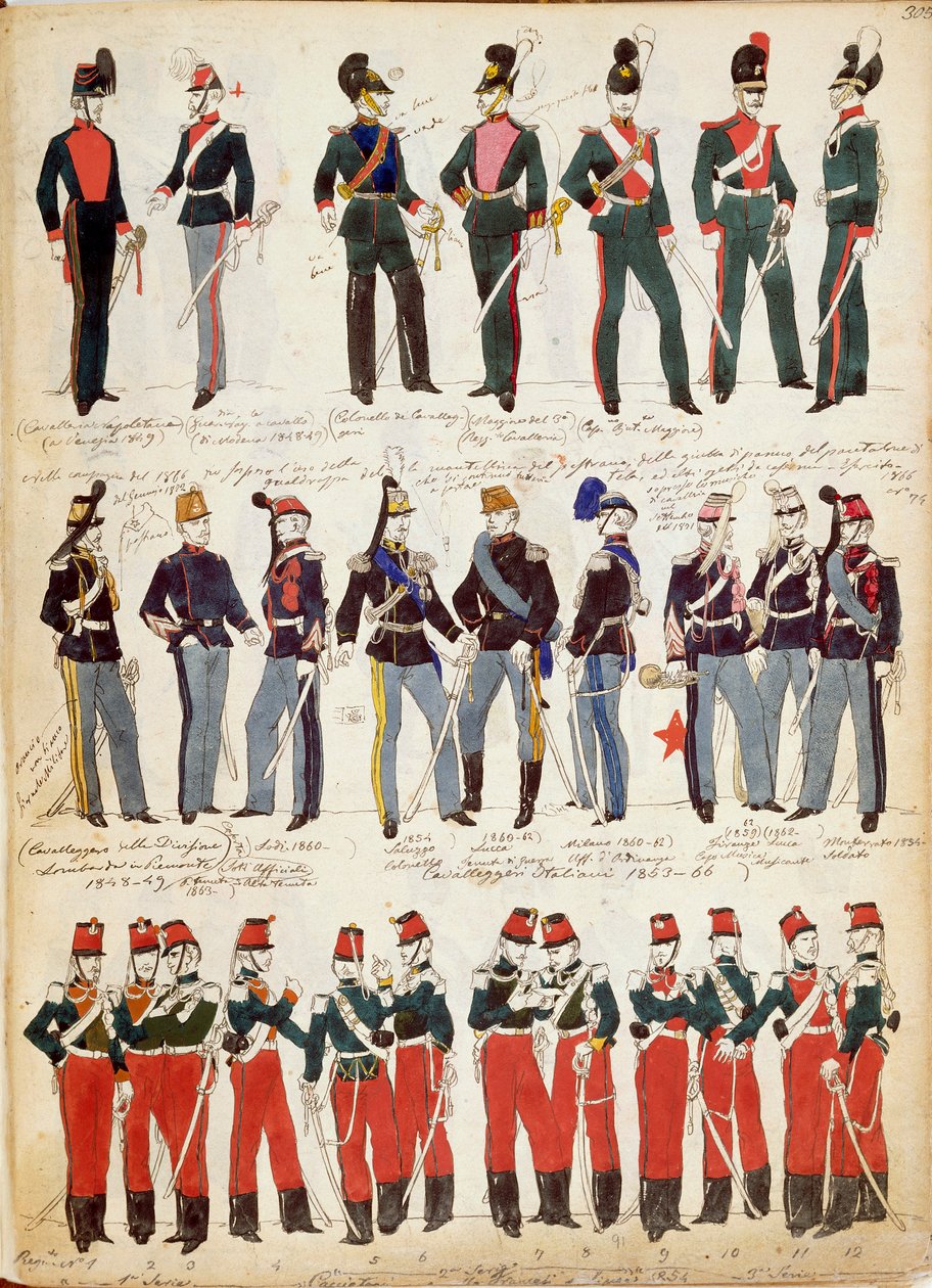 Varios uniformes italianos en uso común alrededor de 1860 por Quinto Cenni, placa en color de Quinto Cenni