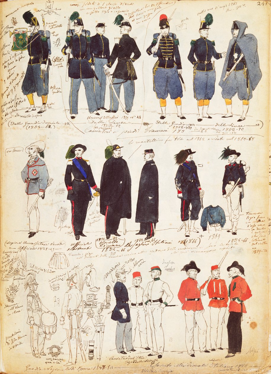 Varios uniformes italianos en uso común entre 1847 y 1870 por Quinto Cenni, placa en color de Quinto Cenni