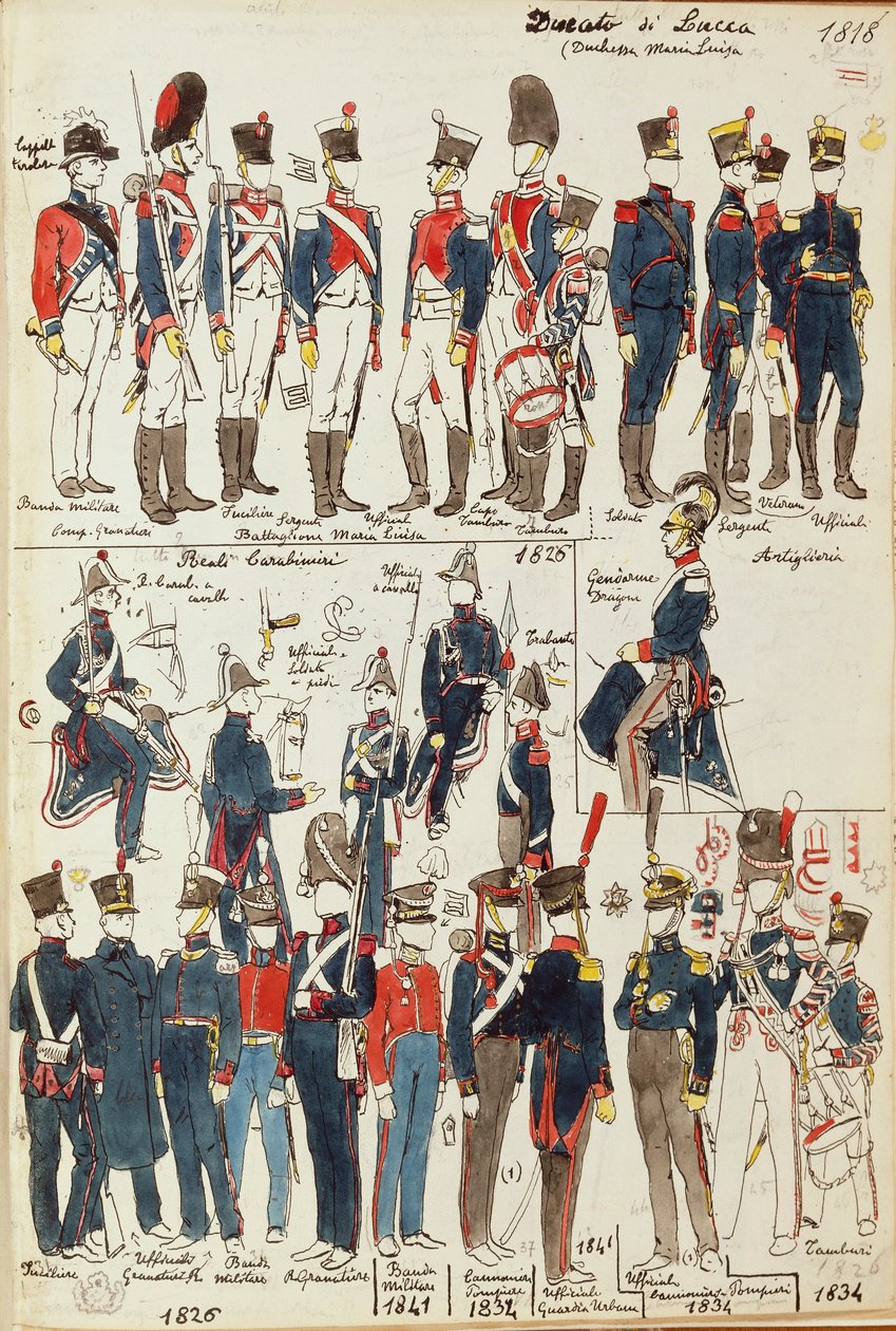 Varios uniformes del Ducado de Lucca por Quinto Cenni, placa en color de Quinto Cenni