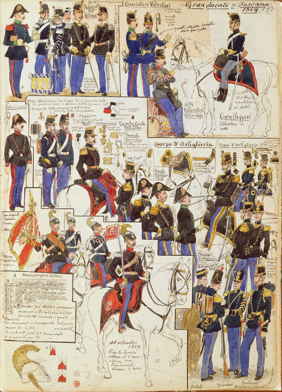 Varios uniformes del Gran Ducado de Toscana por Quinto Cenni, placa en color de Quinto Cenni