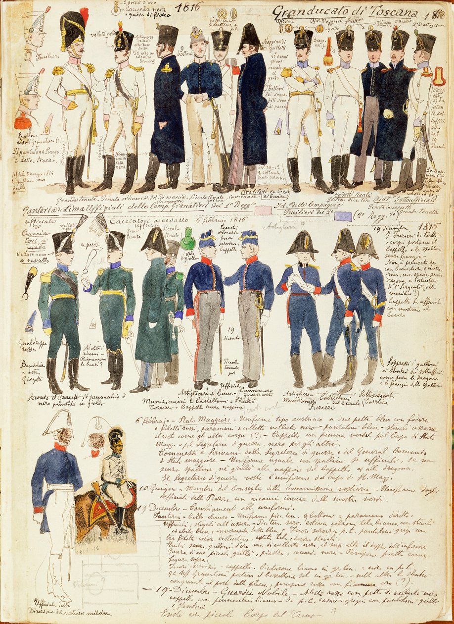 Varios uniformes del Gran Ducado de Toscana por Quinto Cenni, placa en color de Quinto Cenni
