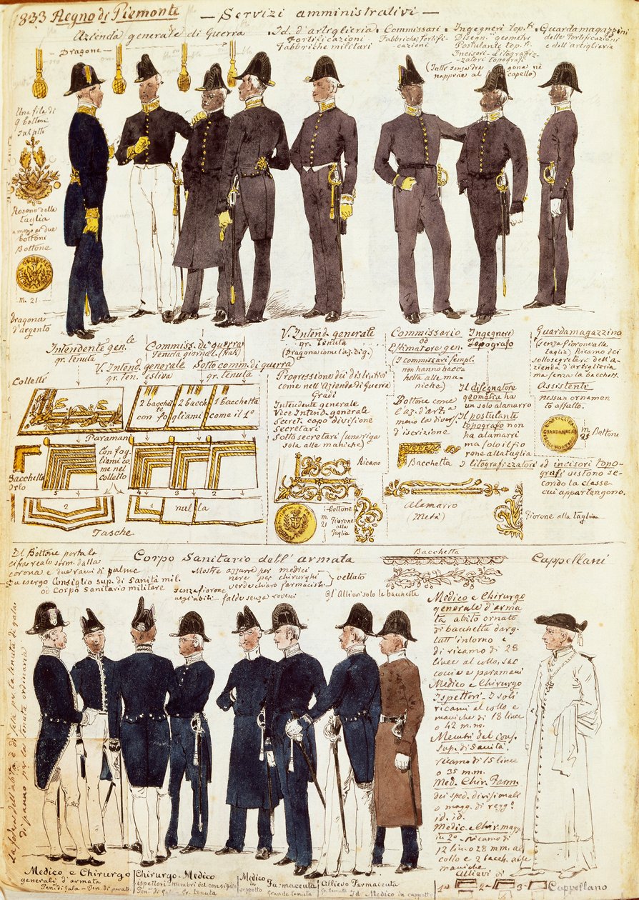 Varios uniformes del Reino de Cerdeña, lámina en color de Quinto Cenni de Quinto Cenni