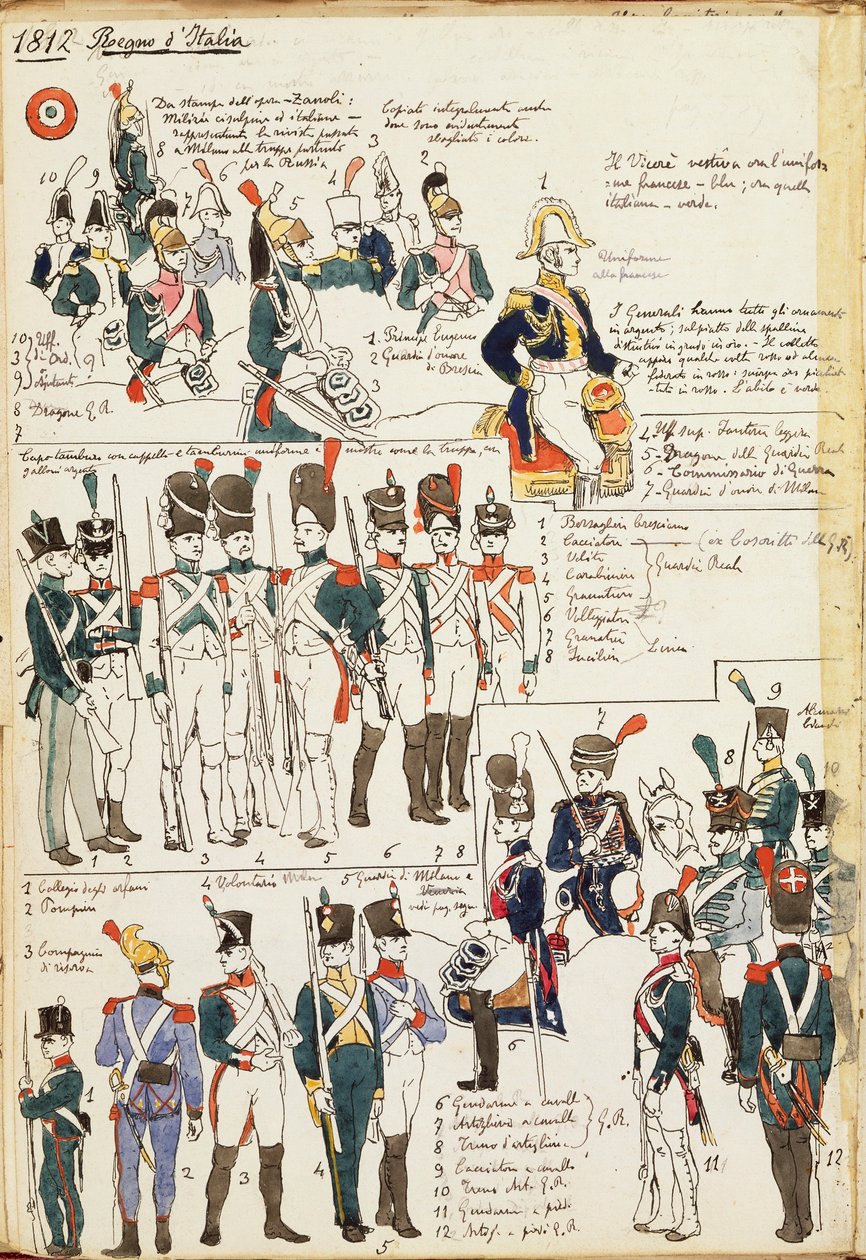 Varios uniformes del Reino de Italia de 1807. Placa en color por Cenni Quinto de Quinto Cenni