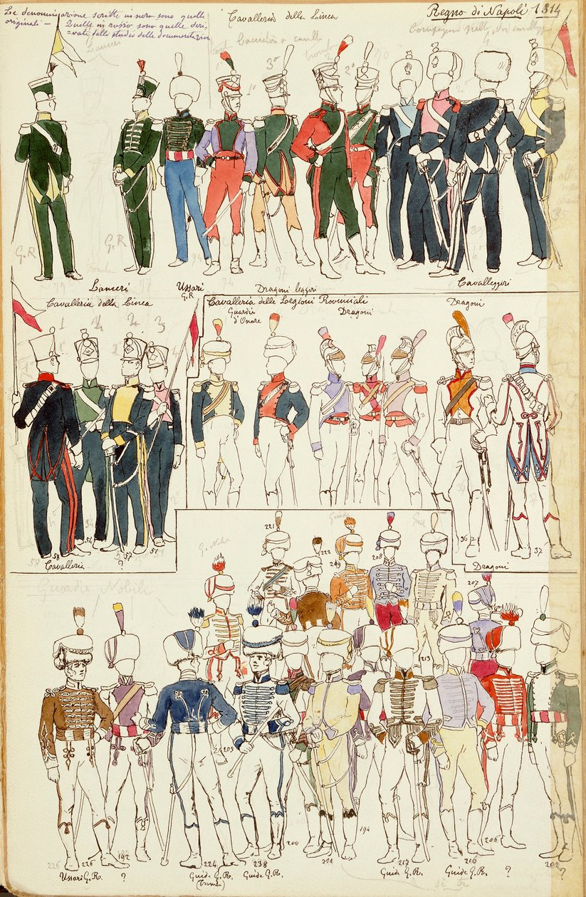 Varios uniformes del Reino de Nápoles de 1814. Lámina en color por Quinto Cenni de Quinto Cenni