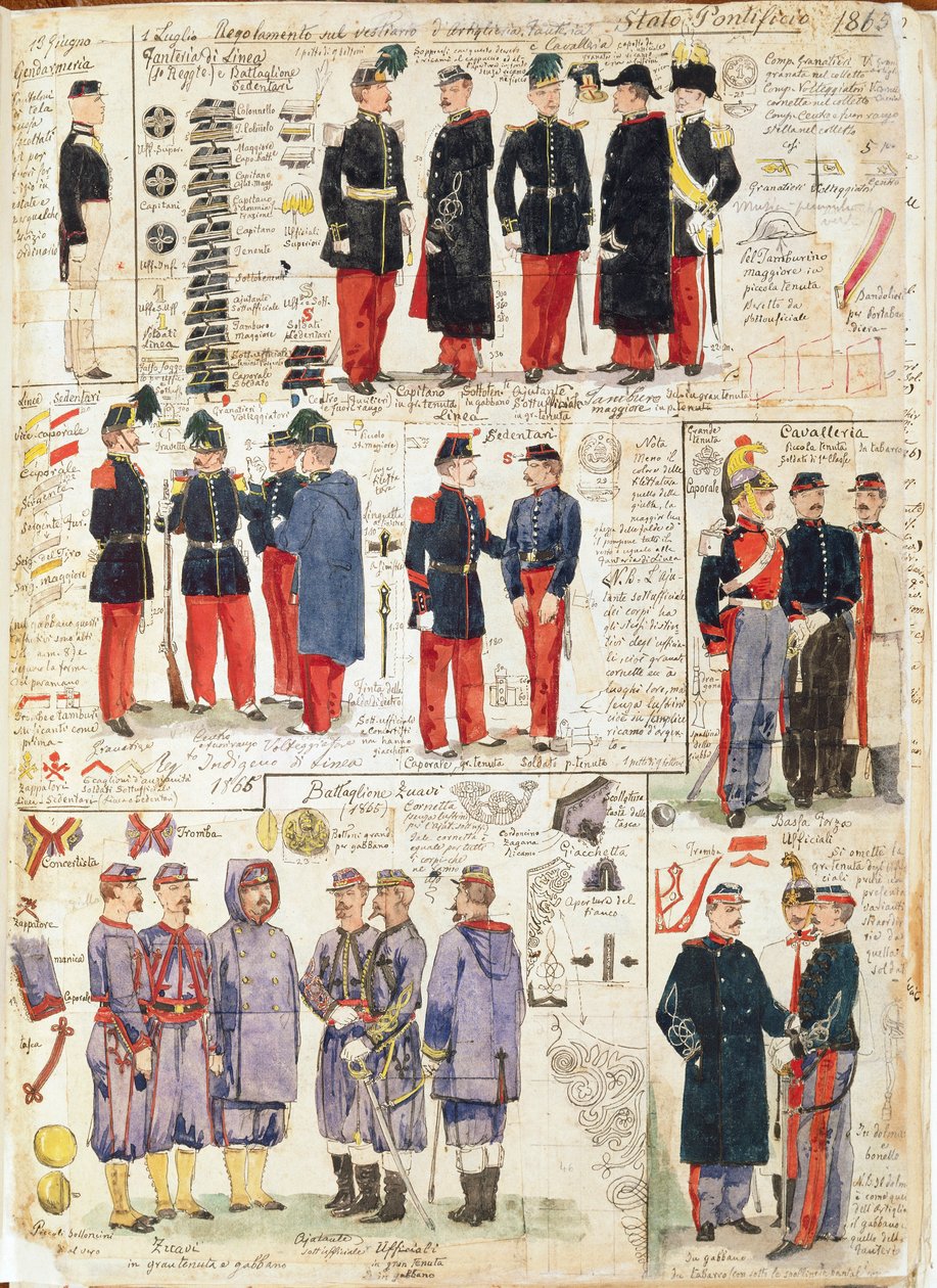 Varios uniformes de los Estados Pontificios de 1865. Placa en color por Cenni Quinto de Quinto Cenni