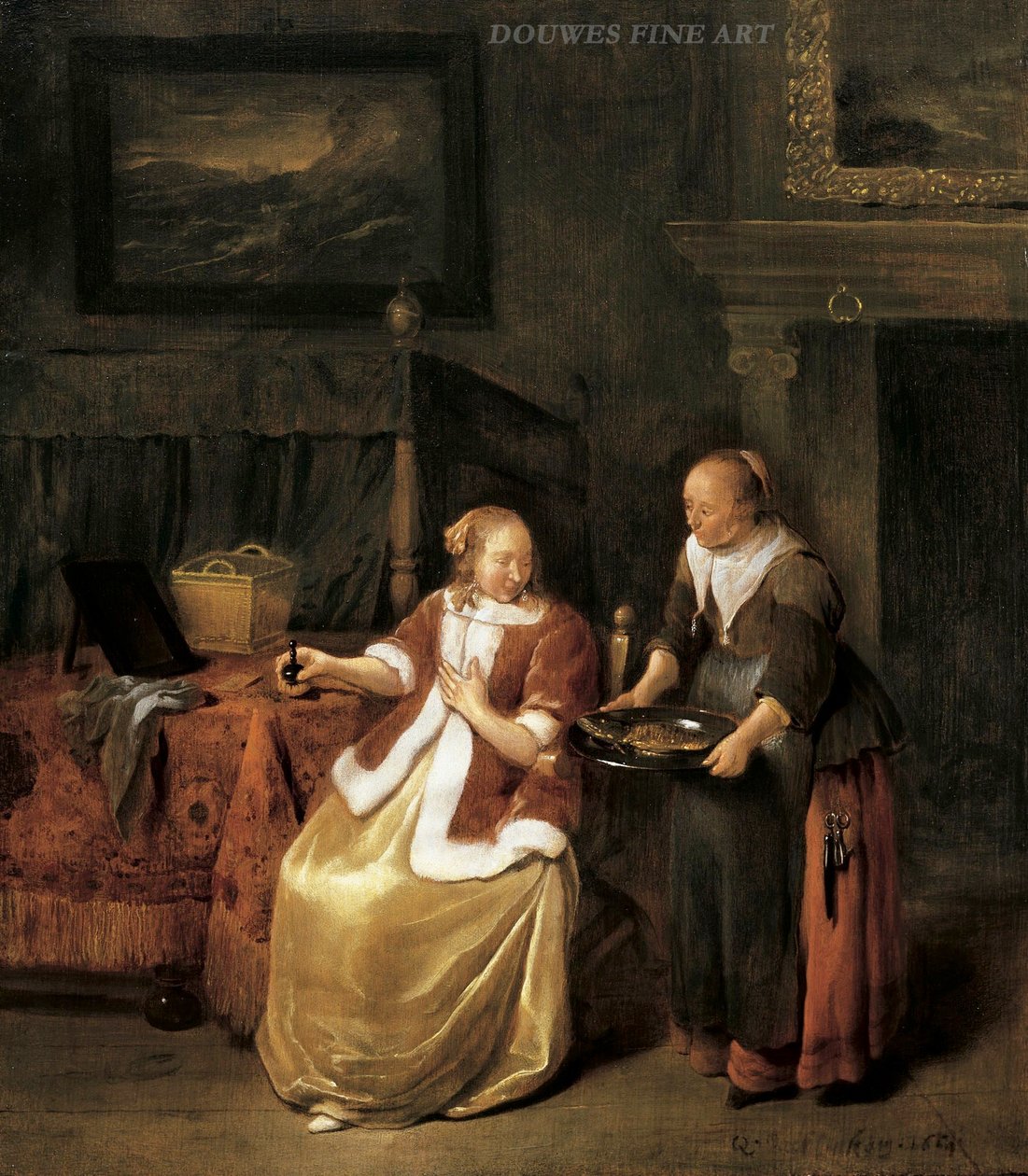 Interior con una joven y una criada que sostienen un plato de pescado de Quirijn van Brekelenkam
