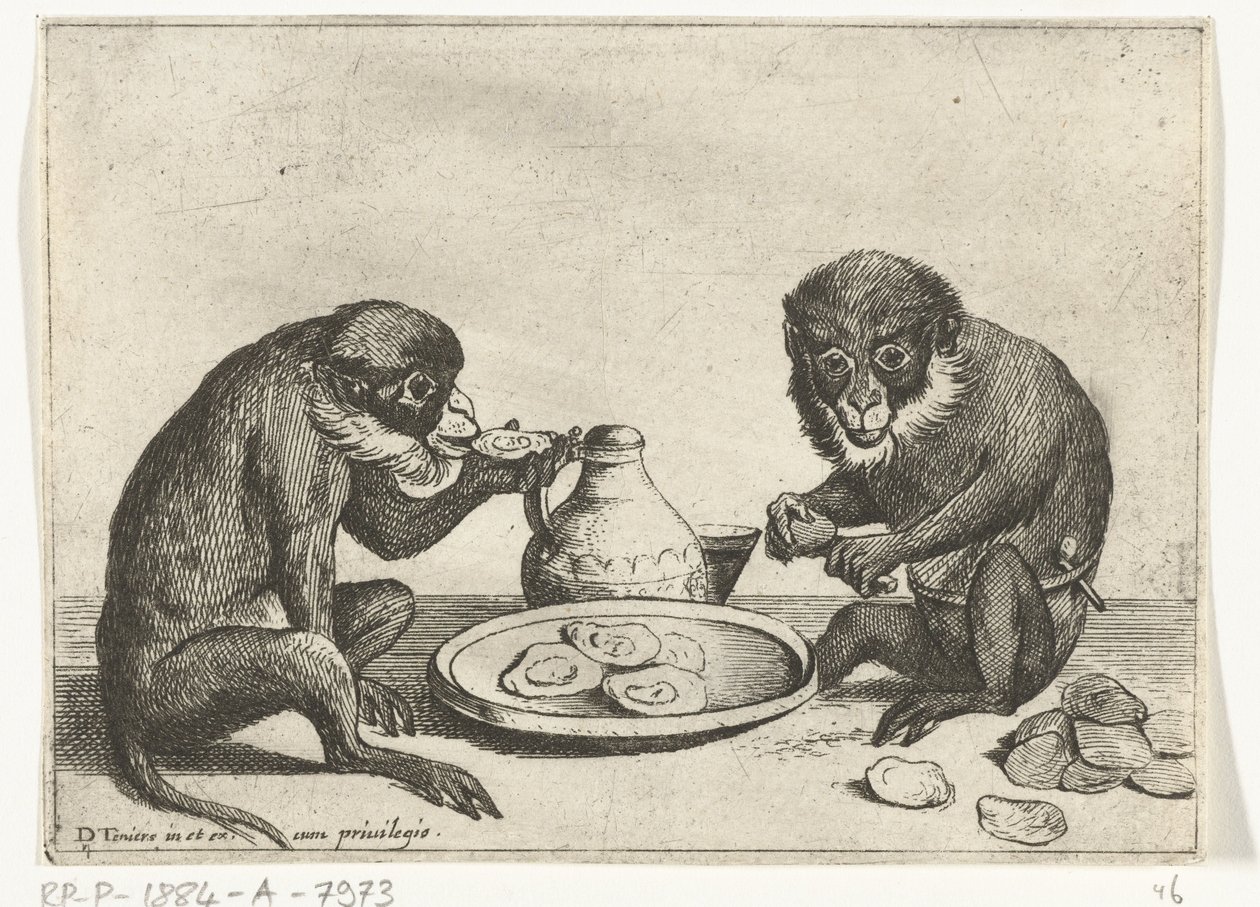Dos monos comen ostras Varias empresas de la vida humana presentadas por simios (título de la serie) el juego del mono en el mundo (título de la serie) de Quirin Boel