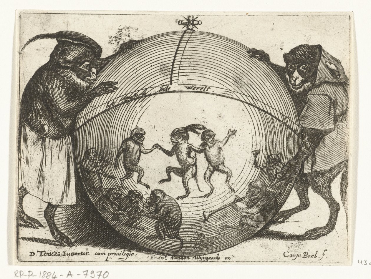 Dos monos sosteniendo un globo Varias empresas de la vida humana presentadas por simios (título de la serie) el juego del mono en el mundo (título de serie en objeto) de Quirin Boel