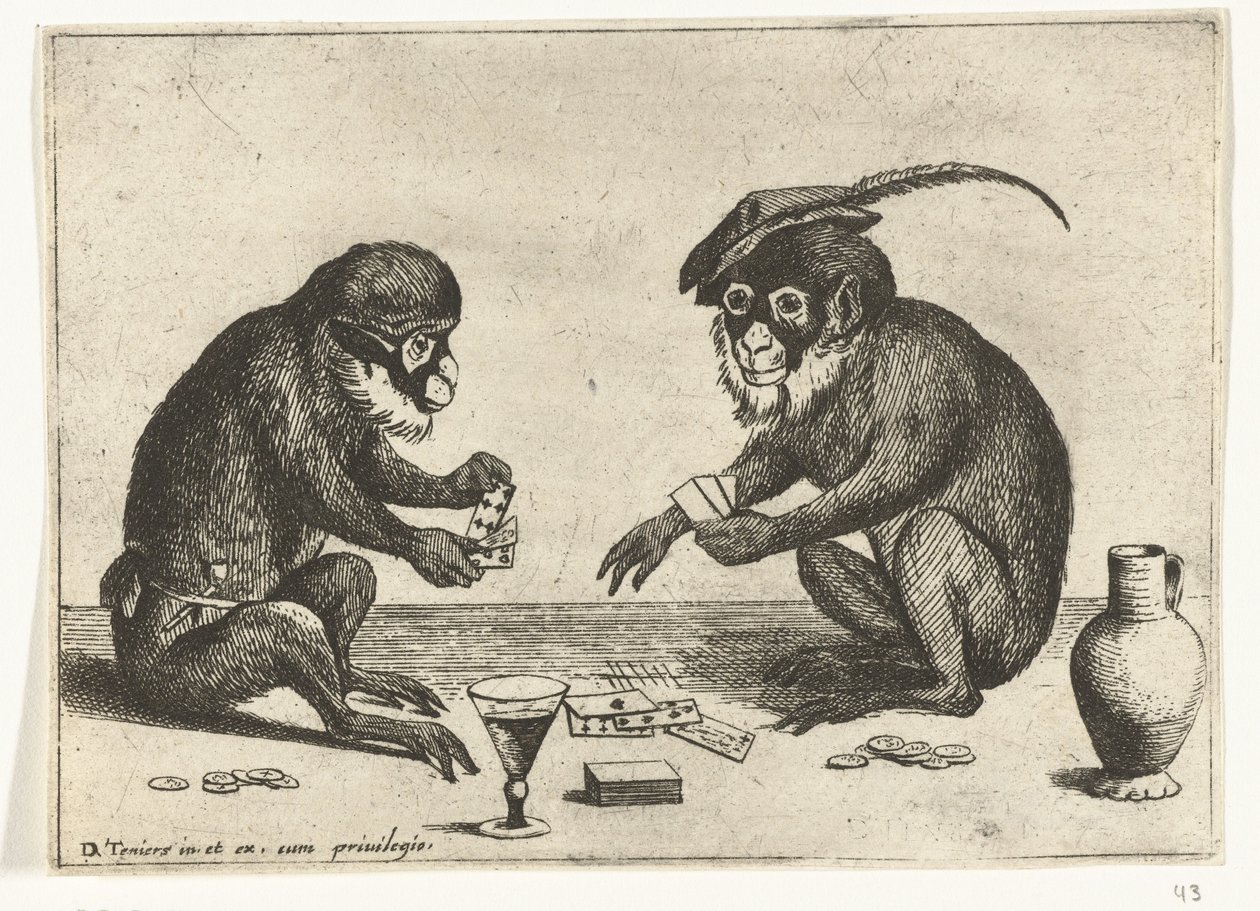 Dos cartas de mono Varias empresas de la vida humana presentadas por simios (título de la serie) el juego del mono en el mundo (título de la serie) de Quirin Boel