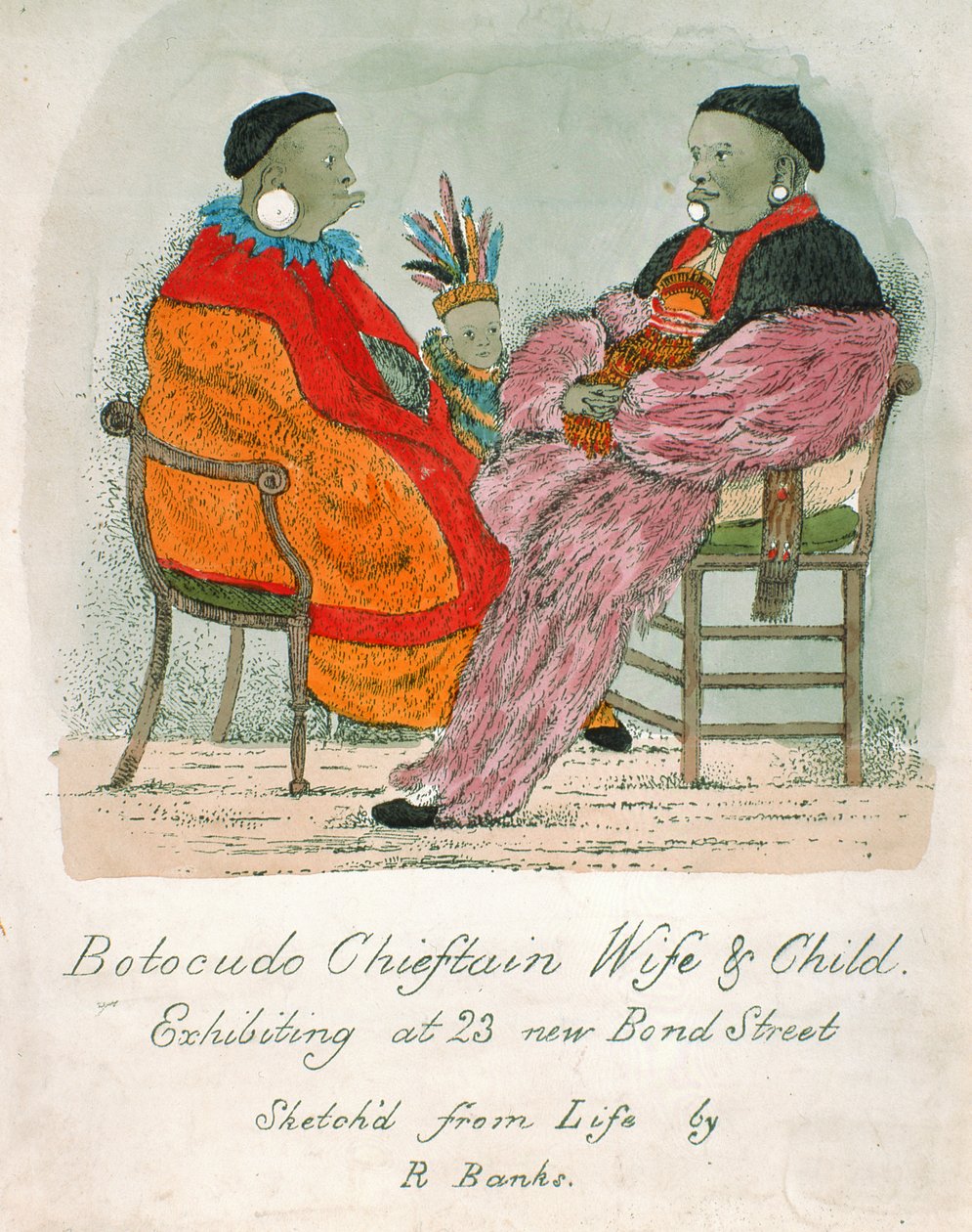 Jefe Botocudo, esposa e hijo exhibiéndose en 23 New Bond Street de R. Banks
