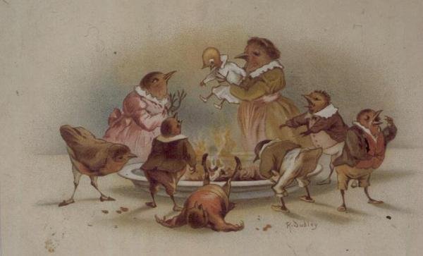 Familia de pájaros, tarjeta de Navidad victoriana de R. Dudley