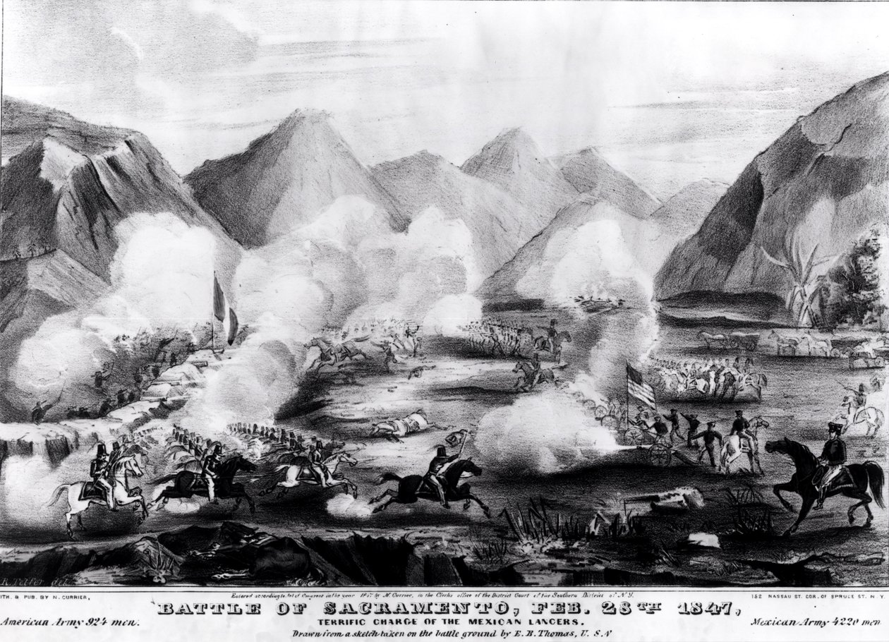 Batalla de Sacramento: Carga terrible de los lanceros mexicanos, 28 de febrero de 1847, grabado y publicado por Nathanial Currier, 1847 de R. Telfer