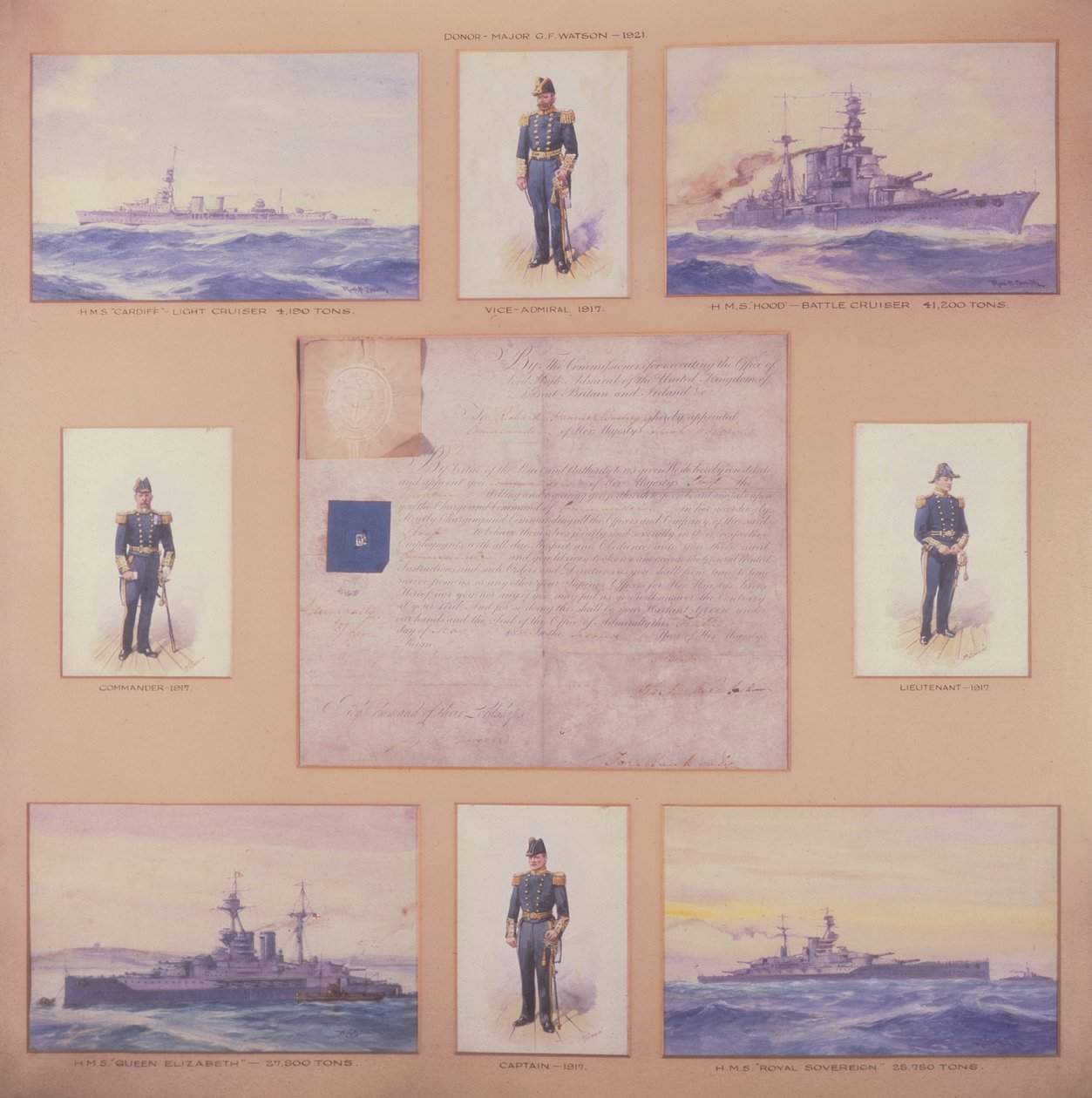H.M.S. Cardiff, H.M.S. Hood, H.M.S. Queen Elizabeth, H.M.S. Royal Sovereign y oficiales en uniformes navales de R. and Smith Simkin
