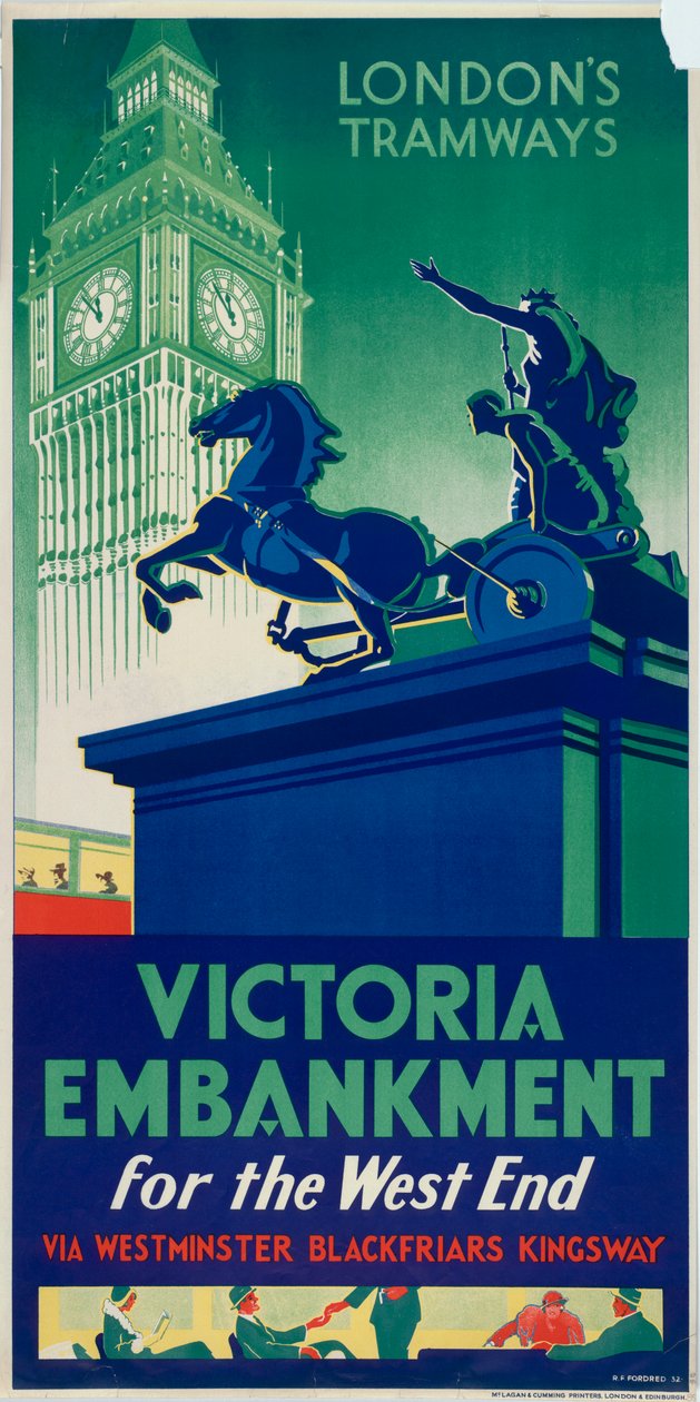 Victoria Embankment, cartel de tranvías del Consejo del Condado de Londres, 1932 de RF Fordred