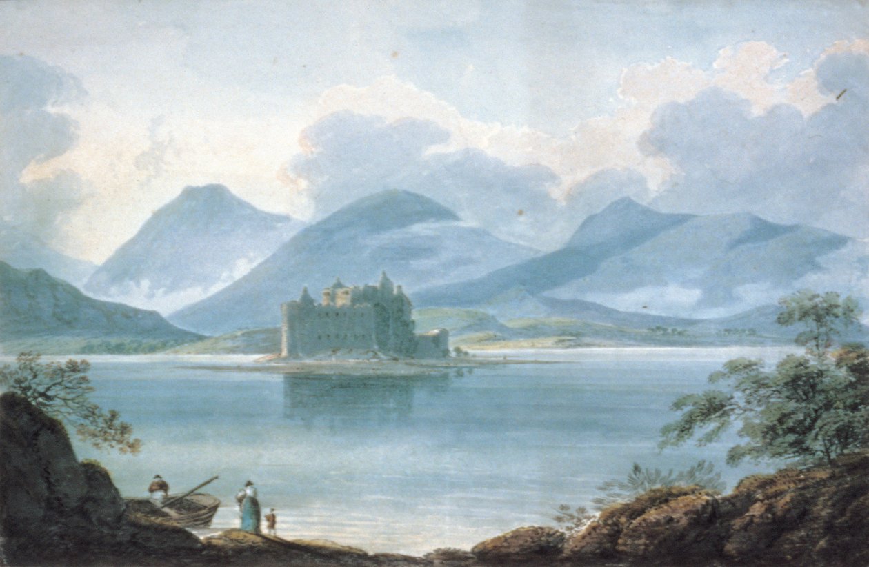 Vista a través de Loch Awe, Argyllshire, hacia el Castillo de Kilchurn y las montañas más allá de R.S. Barret