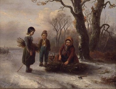 Niños recogiendo leña, c.1884 de R. Favelle