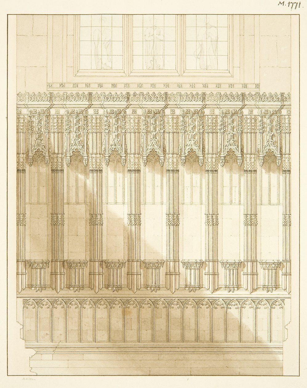 Pantalla en el extremo este del pasillo norte de la Catedral de Bristol de R. Kitson