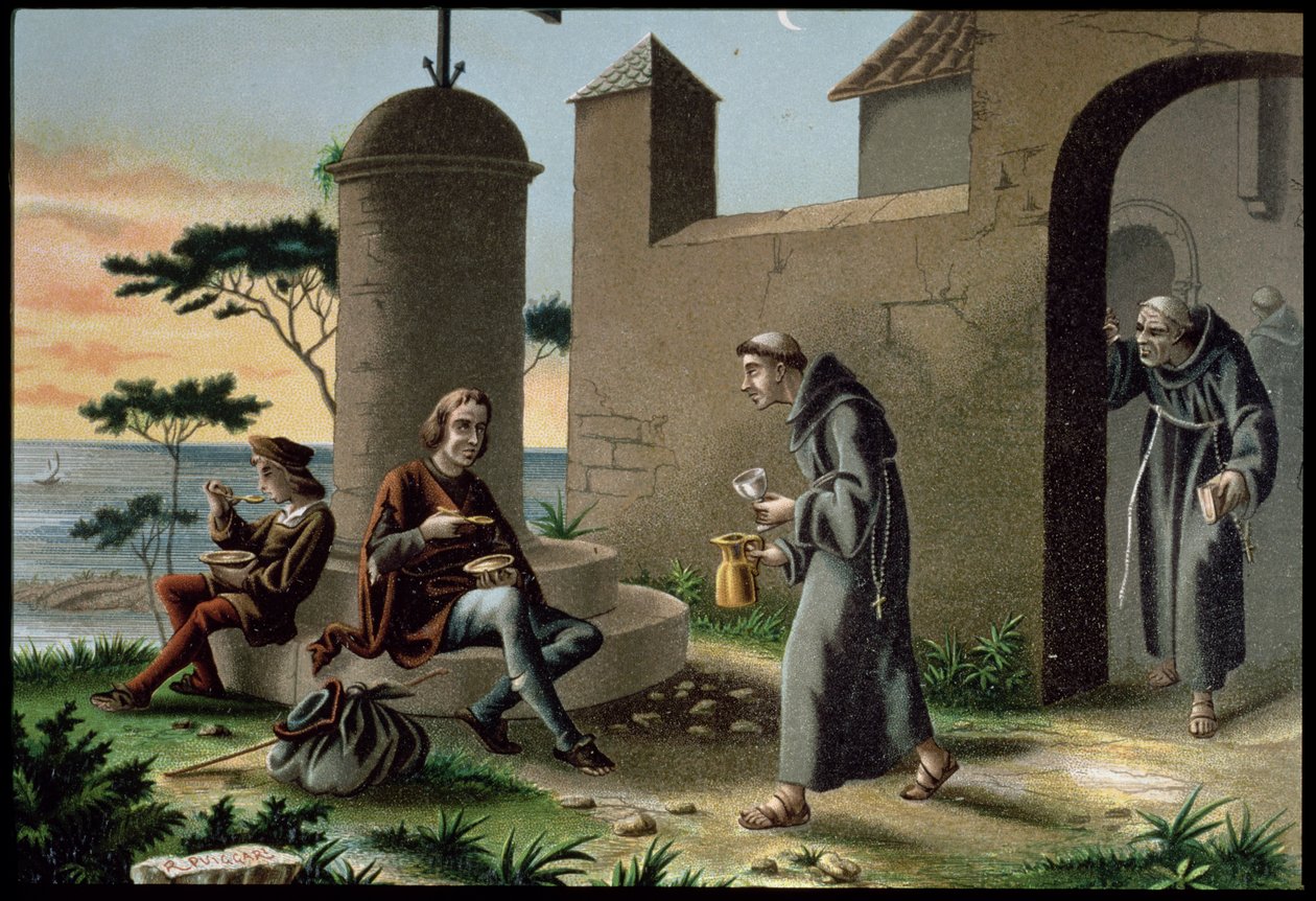 La llegada de Cristóbal Colón (1451-1506) con su hijo al monasterio de la Rábida, de El descubrimiento de América, publicado en Barcelona en 1878 (litografía en color) de R. Puiggari
